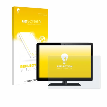 Face avant d’un emballage produit avec le logo de la marque upscreen. À côté, l’appareil est représenté avec la protection d’é