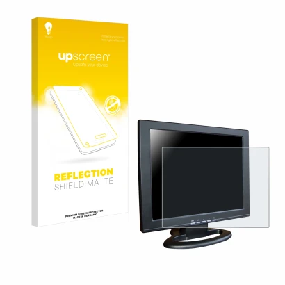 Face avant d’un emballage produit avec le logo de la marque upscreen. À côté, l’appareil SDC Touchscreen TFT (15") est représe