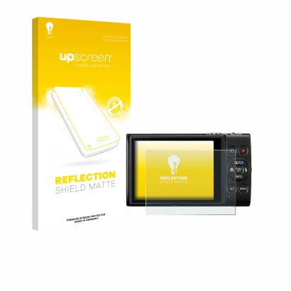 Face avant d’un emballage produit avec le logo de la marque upscreen. À côté, l’appareil Canon Digital Ixus 285 hs est représe