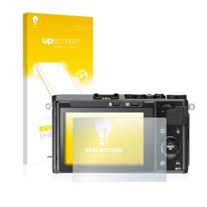 Face avant d’un emballage produit avec le logo de la marque upscreen. À côté, l’appareil Fujifilm FinePix X70 est représenté a