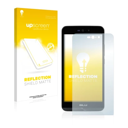 Face avant d’un emballage produit avec le logo de la marque upscreen. À côté, l’appareil BLU Dash X LTE est représenté avec la