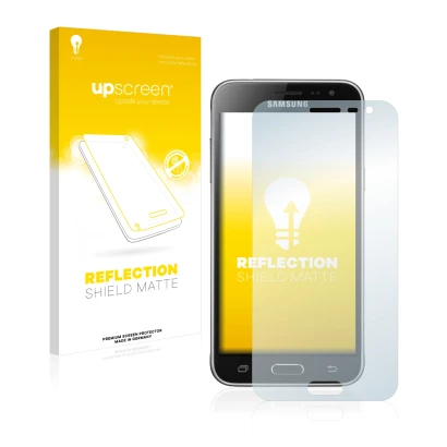 Face avant d’un emballage produit avec le logo de la marque upscreen. À côté, l’appareil Samsung Galaxy J3 Duos 2016 est repré