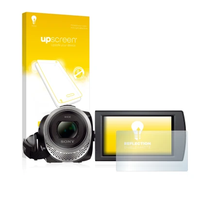 Face avant d’un emballage produit avec le logo de la marque upscreen. À côté, l’appareil Sony FDR-AX53 est représenté avec la