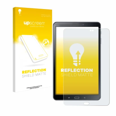 Face avant d’un emballage produit avec le logo de la marque upscreen. À côté, l’appareil Samsung Galaxy Tab A 10.1 2016 SM-T58