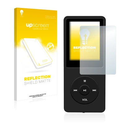 Face avant d’un emballage produit avec le logo de la marque upscreen. À côté, l’appareil AGPtek 8GB MP3-Player est représenté