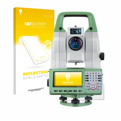 Face avant d’un emballage produit avec le logo de la marque upscreen. À côté, l’appareil Leica Viva TS16 est représenté avec l