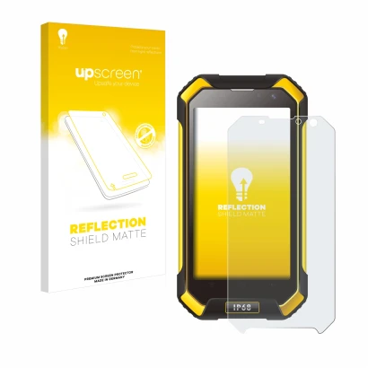 Face avant d’un emballage produit avec le logo de la marque upscreen. À côté, l’appareil Blackview BV6000 est représenté avec 