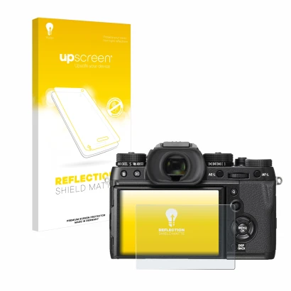 Face avant d’un emballage produit avec le logo de la marque upscreen. À côté, l’appareil Fujifilm X-T2 est représenté avec la