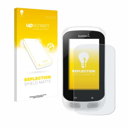 Face avant d’un emballage produit avec le logo de la marque upscreen. À côté, l’appareil Garmin Edge Explore 1000 est représen
