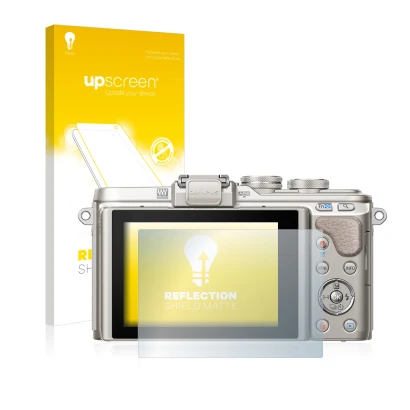 Face avant d’un emballage produit avec le logo de la marque upscreen. À côté, l’appareil Olympus PEN E-PL8 est représenté avec