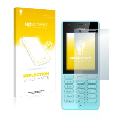 Face avant d’un emballage produit avec le logo de la marque upscreen. À côté, l’appareil Nokia 216 est représenté avec la prot