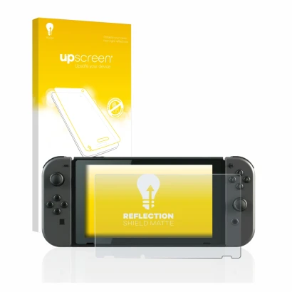 Face avant d’un emballage produit avec le logo de la marque upscreen. À côté, l’appareil Nintendo Switch est représenté avec l