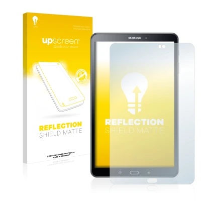 Face avant d’un emballage produit avec le logo de la marque upscreen. À côté, l’appareil Samsung Galaxy Tab A6 10.1" 2016 est