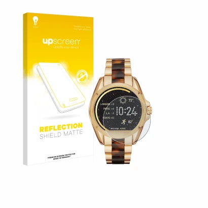 Face avant d’un emballage produit avec le logo de la marque upscreen. À côté, l’appareil Michael Kors Access Bradshaw est repr