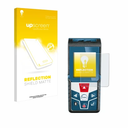 Face avant d’un emballage produit avec le logo de la marque upscreen. À côté, l’appareil Bosch GLM 50 C Professional est repré