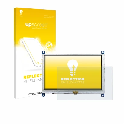 Face avant d’un emballage produit avec le logo de la marque upscreen. À côté, l’appareil Raspberry Pi Touchscreen 5" est repré