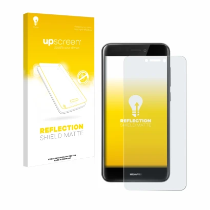 Face avant d’un emballage produit avec le logo de la marque upscreen. À côté, l’appareil Huawei P8 Lite 2017 est représenté av