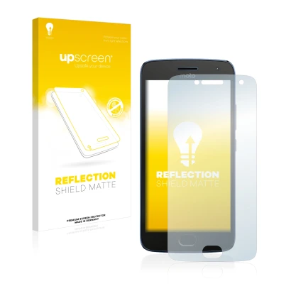 Face avant d’un emballage produit avec le logo de la marque upscreen. À côté, l’appareil Motorola Moto G5 Plus est représenté