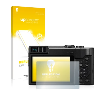 Face avant d’un emballage produit avec le logo de la marque upscreen. À côté, l’appareil Panasonic Lumix DC-TZ91 est représent