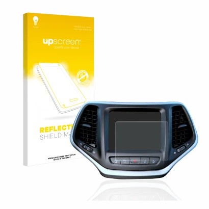 Face avant d’un emballage produit avec le logo de la marque upscreen. À côté, l’appareil Jeep Cherokee Uconnect 8.4" est repré