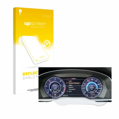 Face avant d’un emballage produit avec le logo de la marque upscreen. À côté, l’appareil Volkswagen Tiguan 2017 Active Info Co