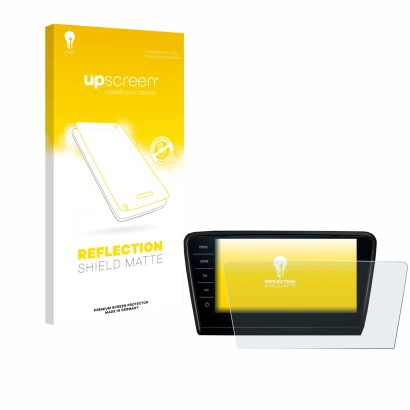 Face avant d’un emballage produit avec le logo de la marque upscreen. À côté, l’appareil Skoda Octavia 2017 Infotainment Syste