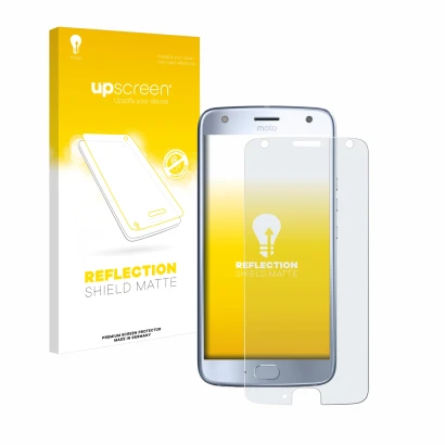Face avant d’un emballage produit avec le logo de la marque upscreen. À côté, l’appareil Motorola Moto X4 est représenté avec