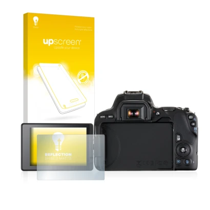 Face avant d’un emballage produit avec le logo de la marque upscreen. À côté, l’appareil Canon EOS 200D est représenté avec la