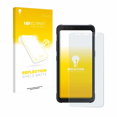 Face avant d’un emballage produit avec le logo de la marque upscreen. À côté, l’appareil Samsung Galaxy S8 Active est représen