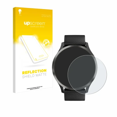 Face avant d’un emballage produit avec le logo de la marque upscreen. À côté, l’appareil Garmin vivomove HR est représenté ave