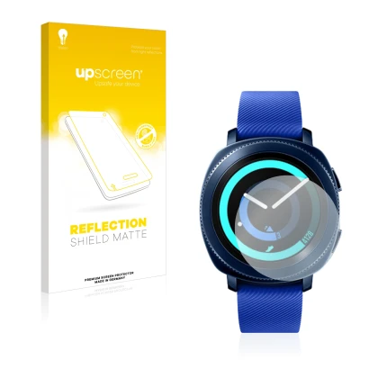 Face avant d’un emballage produit avec le logo de la marque upscreen. À côté, l’appareil Samsung Gear Sport est représenté ave