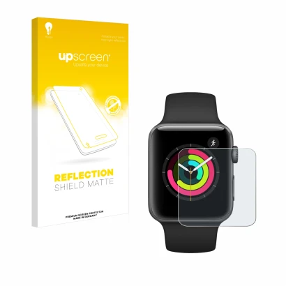 Face avant d’un emballage produit avec le logo de la marque upscreen. À côté, l’appareil Apple Watch Series 3 (42 mm) est repr