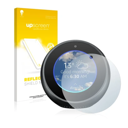 Face avant d’un emballage produit avec le logo de la marque upscreen. À côté, l’appareil Amazon Echo Spot est représenté avec 