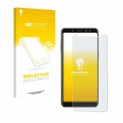 Face avant d’un emballage produit avec le logo de la marque upscreen. À côté, l’appareil Samsung Galaxy A8 2018 est représenté