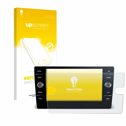 Face avant d’un emballage produit avec le logo de la marque upscreen. À côté, l’appareil Volkswagen T-Roc 2017-2019 Discover M