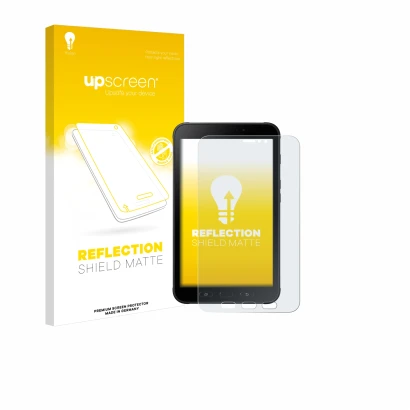 Face avant d’un emballage produit avec le logo de la marque upscreen. À côté, l’appareil Samsung Galaxy Tab Active 2 est repré