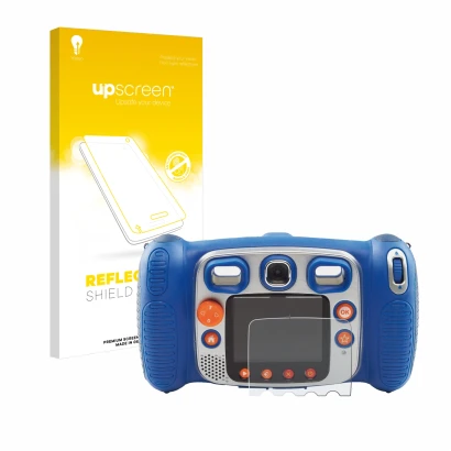 Face avant d’un emballage produit avec le logo de la marque upscreen. À côté, l’appareil Vtech Kidizoom Duo 5.0 est représenté