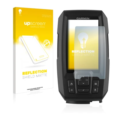 Face avant d’un emballage produit avec le logo de la marque upscreen. À côté, l’appareil Garmin Striker Plus 4 est représenté