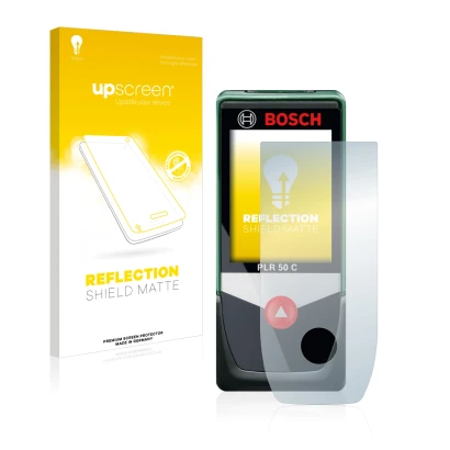 Face avant d’un emballage produit avec le logo de la marque upscreen. À côté, l’appareil Bosch PLR 50 C est représenté avec la