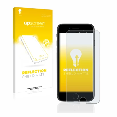 Face avant d’un emballage produit avec le logo de la marque upscreen. À côté, l’appareil Apple iPhone SE 2 2020 est représenté