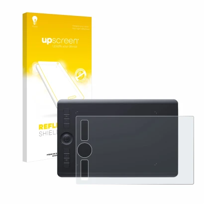 Face avant d’un emballage produit avec le logo de la marque upscreen. À côté, l’appareil Wacom Intuos Pro M (2017) est représe