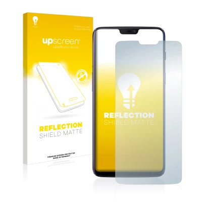 Face avant d’un emballage produit avec le logo de la marque upscreen. À côté, l’appareil OnePlus 6 est représenté avec la prot