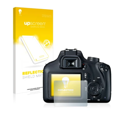 Face avant d’un emballage produit avec le logo de la marque upscreen. À côté, l’appareil Canon EOS 4000D est représenté avec l