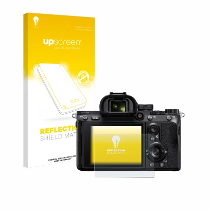 Face avant d’un emballage produit avec le logo de la marque upscreen. À côté, l’appareil Sony Alpha 7 III (ILCE-7M3) est repré