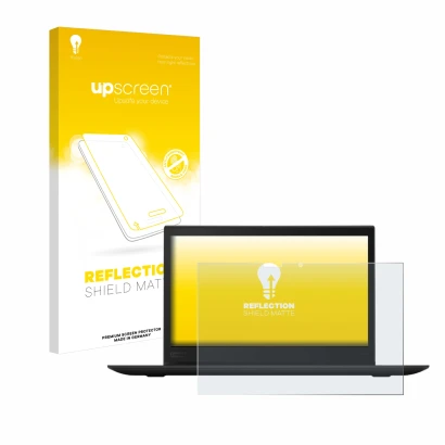 Face avant d’un emballage produit avec le logo de la marque upscreen. À côté, l’appareil Lenovo ThinkPad X1 Yoga (3ème Gen.) e