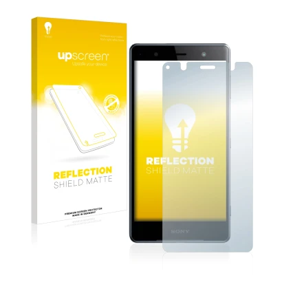 Face avant d’un emballage produit avec le logo de la marque upscreen. À côté, l’appareil Sony Xperia XZ2 Premium est représent