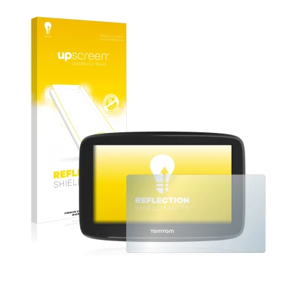 Face avant d’un emballage produit avec le logo de la marque upscreen. À côté, l’appareil TomTom GO Basic 5" est représenté ave