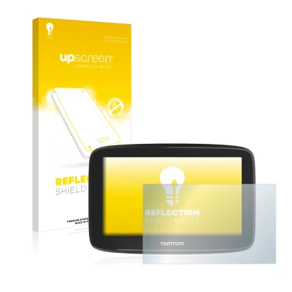 Face avant d’un emballage produit avec le logo de la marque upscreen. À côté, l’appareil TomTom GO Basic (6") est représenté a