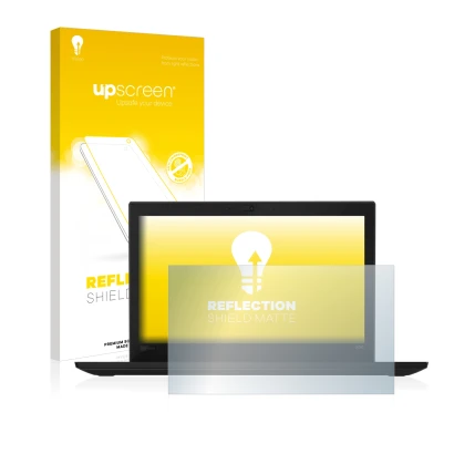 Face avant d’un emballage produit avec le logo de la marque upscreen. À côté, l’appareil Lenovo Thinkpad X280 est représenté a