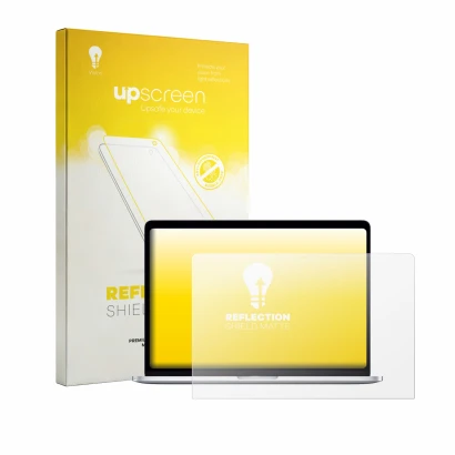 Face avant d’un emballage produit avec le logo de la marque upscreen. À côté, l’appareil Apple MacBook Pro 15" 2018 est représ